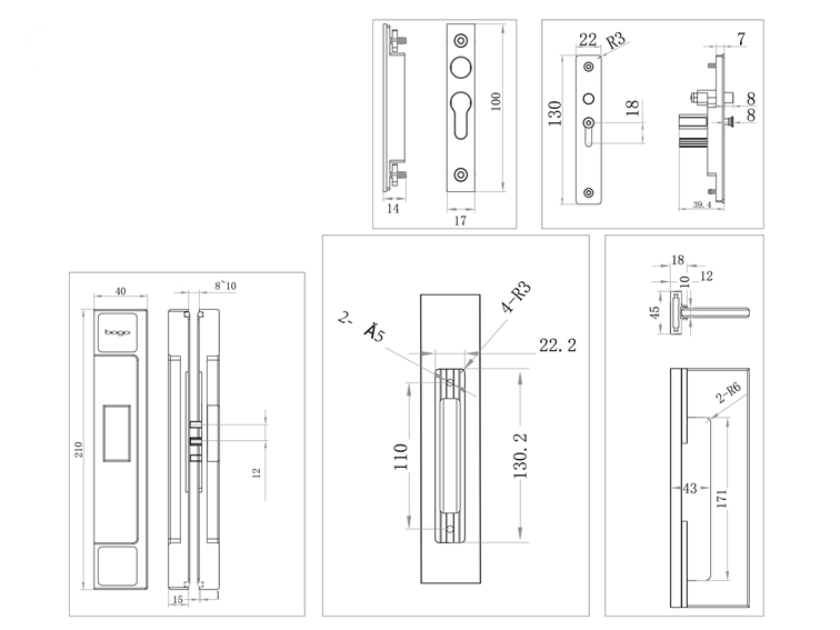 Bộ tay nắm và khóa cửa lùa hệ Slim - ADB-102-BK