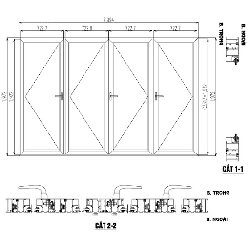 Bản vẽ cửa sổ mở quay 4 cánh Bản vẽ cửa sổ mở quay 4 cánh