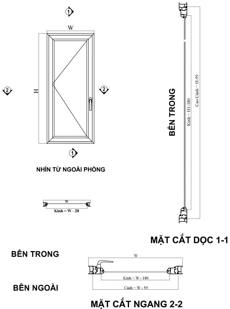 Bản vẽ cửa sổ mở quay 1 cánh Bản vẽ cửa sổ mở quay 1 cánh